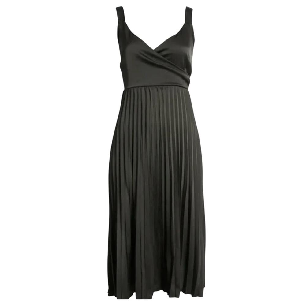 SAM EDELMAN Black Satin Pleated Midi Dress Size 2 V Neck Wrap Bodice Evening LBD